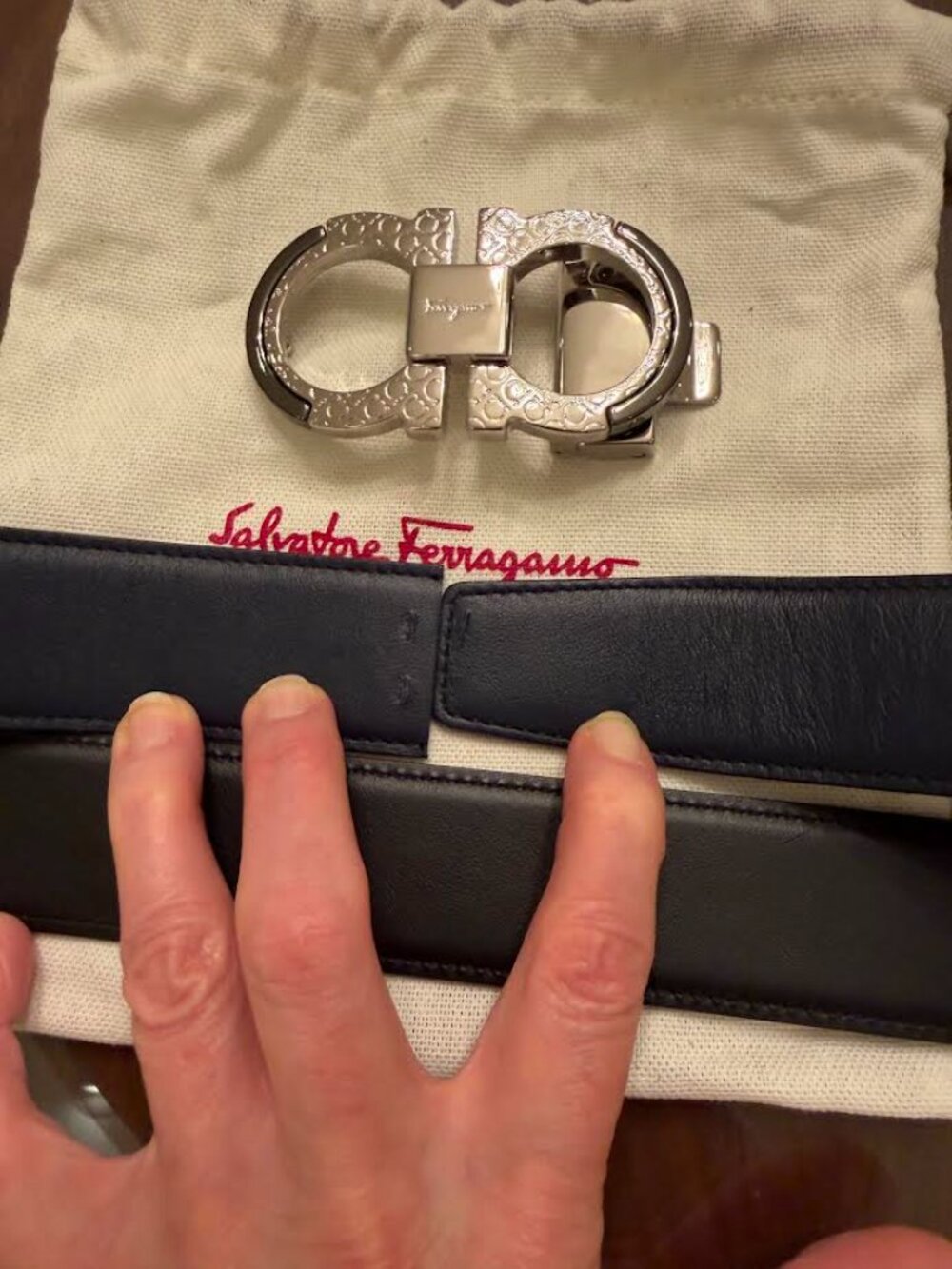 Ferragamo Silvertone Buckle with Imprinted Logo Black Blue Reversable